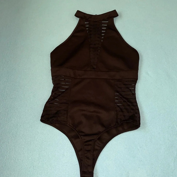 OHYES FASHION choker mock style mesh thong bodysuit zipper back NEW size L - Picture 2 of 10